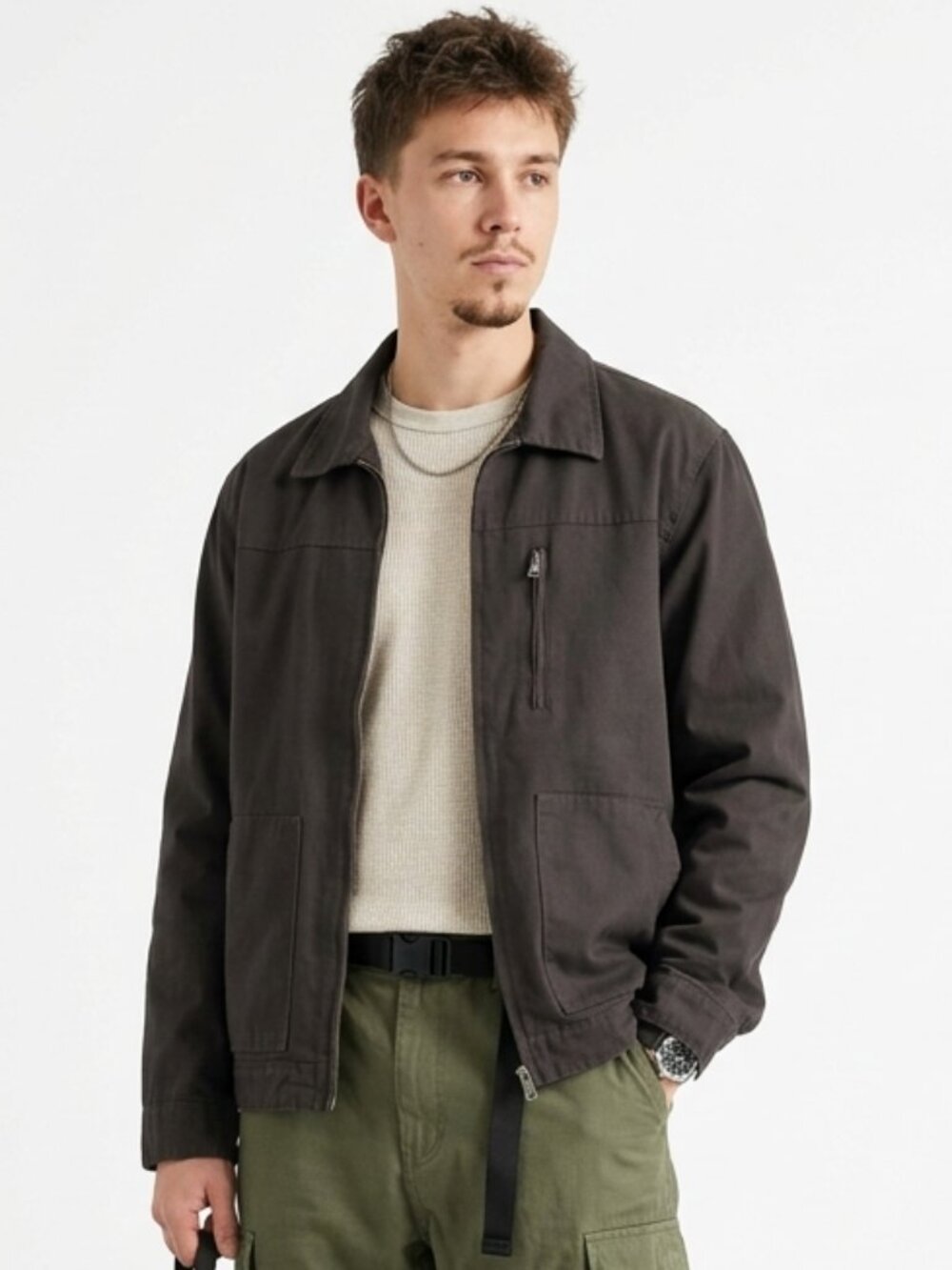 Wenven Mens Jacket Brown Utility Workwear Grunge Field Military Zip XL